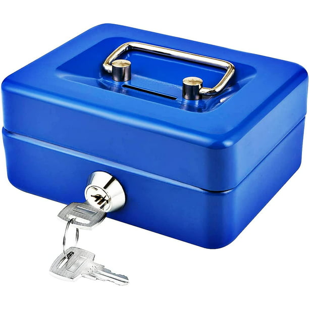 Caja de dinero con cerradura de llave, caja de dinero portátil de metal de  doble capa y 2 llaves para seguridad 12,5 * 9,5 * 6 cm (S, azul)