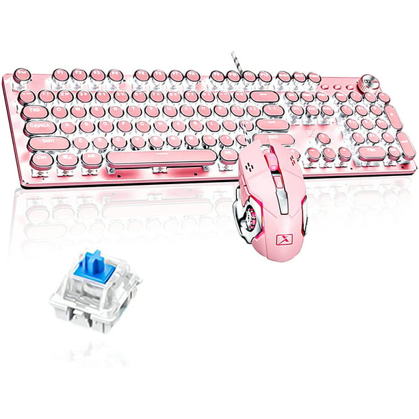 Camiysn Teclado mecánico para juegos estilo máquina de escribir, teclado  retro punk rosa con retroiluminación blanca, interruptor azul de 104 teclas