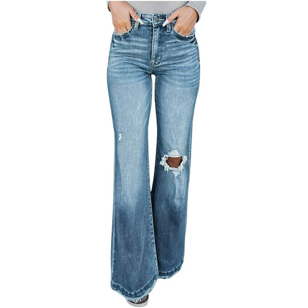 Pantalones de Mezclilla de Longitud Completa Para Mujer Pantalones de  Mezclilla Acampanados Con Botones En La Cintura Odeerbi ODB-4