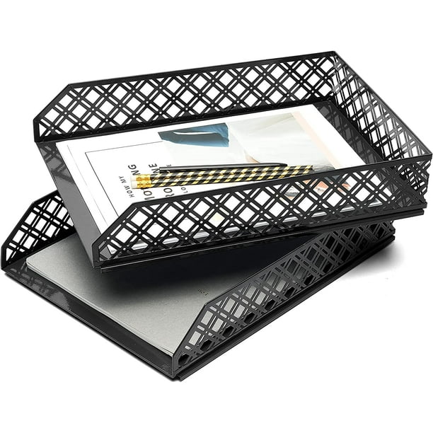 Paquete de 2 bandejas de correo apilables - Clasificador de papel /  Organizador de escritorio / Bandeja de archivos para oficina - Rejilla  metálica - Negro