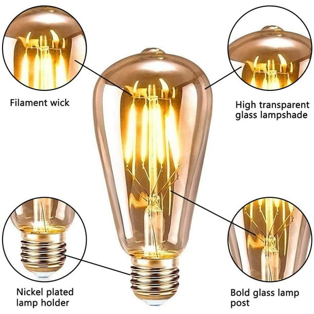 01 02 015 Lámpara de filamento, luz cálida dorada ST64 E27 bombilla LED  para cocina para hotel, sala de estar, bar para el hogar