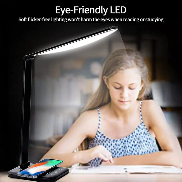 Lámpara de escritorio LED con cargador inalámbrico, puerto de carga USB, 10  brillo, 5 modos de color, lámparas de escritorio para oficina en casa