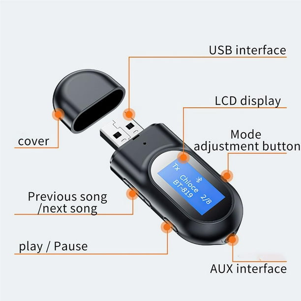 Receptor transmisor Bluetooth 5.0, adaptador Bluetooth de audio inalámbrico  de 3,5 mm 2 en 1, 2 dispositivos simultáneamente para TV / sistema de  sonido doméstico / automóvil