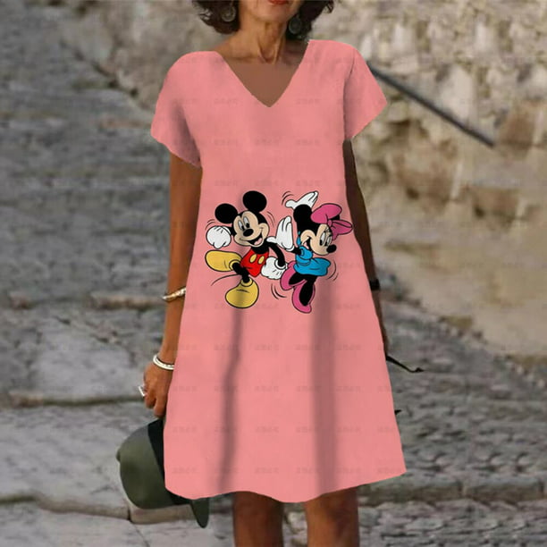 Verano mujer elegante Disney Minnie Mickey Mouse 3D impreso vestido cuello en V manga corta vestido mujer Boho suelto zhangyuxiang LED Walmart en línea