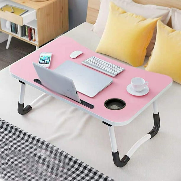 Mesa para portátil, dormitorio con escritorio pequeño, cama con mesa para  portátil, mesa plegable, dormitorio pequeño, con ranura para tazas (60 x 40  cm) Zhivalor MZQ-0019-2