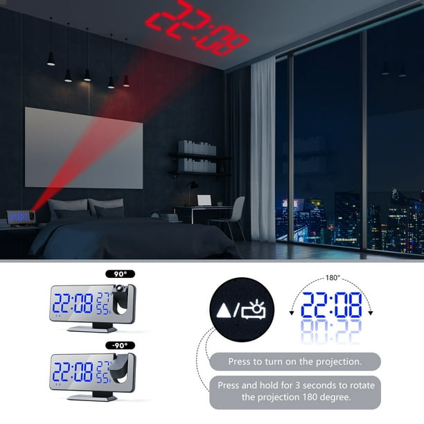 Comprar Reloj despertador inteligente Digital LED, mesa de reloj, relojes  electrónicos de escritorio, despertador USB con proyector de tiempo de 90  °, repetición