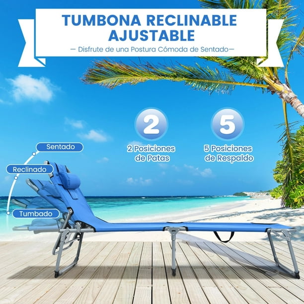 Juego de 2 sillas de playa plegables portátiles para patio, sillas  reclinables ajustables con marcos de aluminio y reposacabezas acolchado,  color