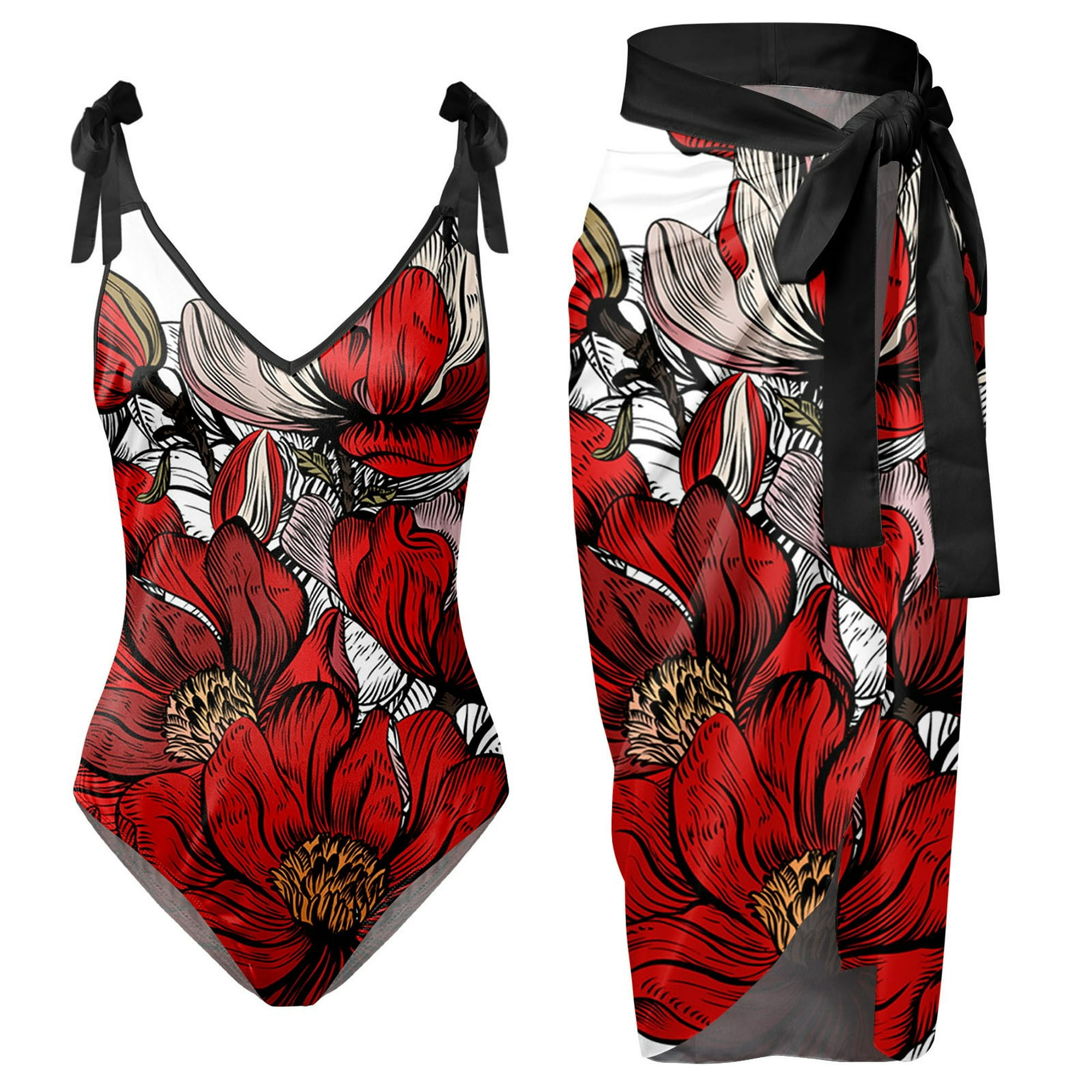 Gibobby traje de baño de una pieza traje de baño con estampado de flores y cuello en v para mujer conjuntos de bikini con falda y delantal(Vino,g)