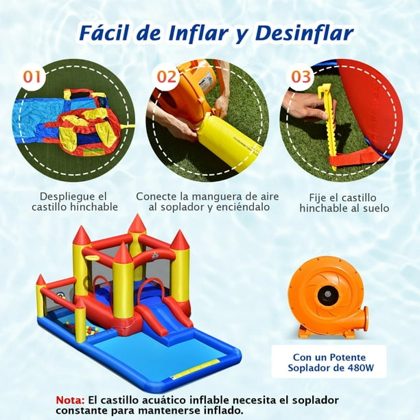 Tobogán Inflable para Niños Casa Inflable con Soplador 480W Castillo con  Tobogán Piscina Zona de Saltos 400 cm x 280 cm x 195 cm - Costway