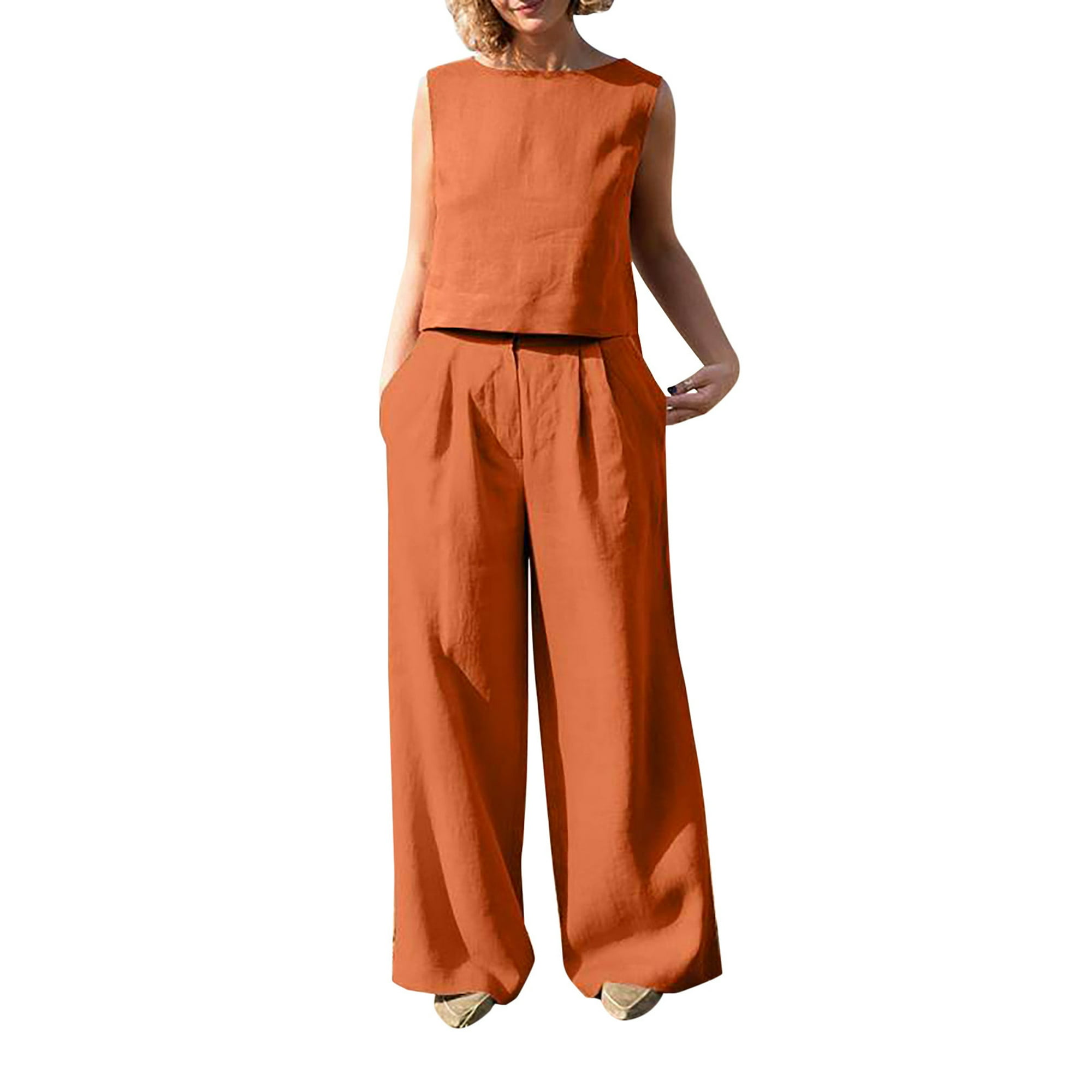 Conjuntos de Camisas Para Mujer Color Sólido Erógeno Cuello Redondo Suelto  Elástico Tops Blusa Camiseta Sin Mangas Pantalones Conjunto de Tres Piezas  Odeerbi ODB129040