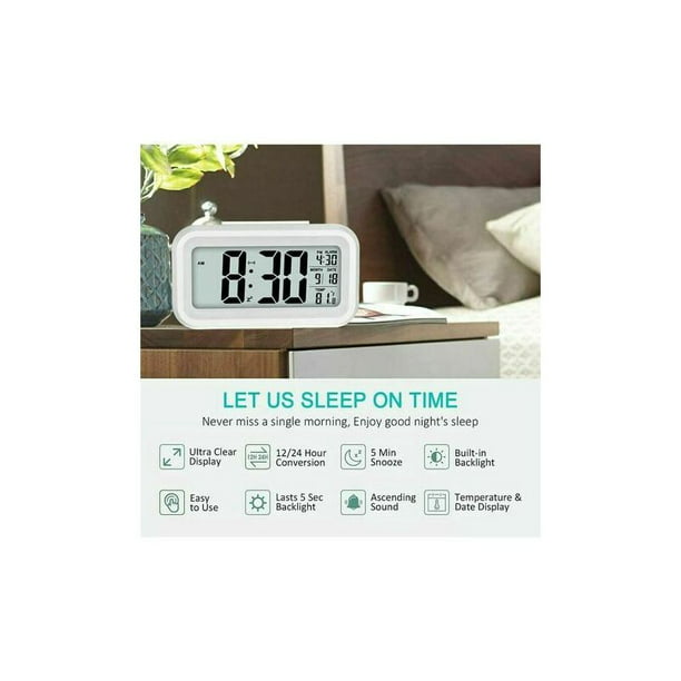 Réveil Digital Réveil Matin, Horloge Numérique Réveil à Pile Silencieux  pour Enfants Adultes Grand écran LED Température Calendrier(Blanc) 