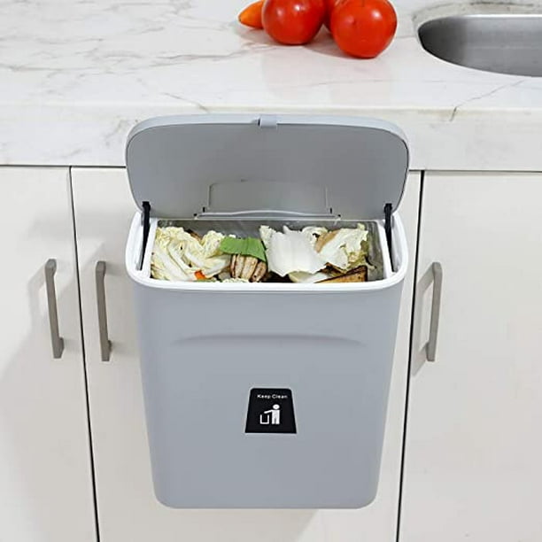 Cubo de basura pequeño colgante con tapa debajo del fregadero para cocina,  cesta de basura de plástico de 5 l/1.3 galones, cubo de basura de