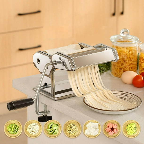  Máquina para hacer pasta, hecho en casa de acero inoxidable  manual con ajustes de grosor ajustables, cortador de fideos resistentes  para espaguetis, fettuccini, lasaña o pieles de albóndigas : Hogar y