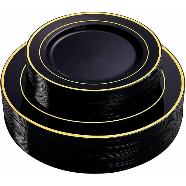  Lot45 Platos negros para fiesta, paquete de 100 – Platos  redondos de plástico negro de 10.25 pulgadas con ribete dorado – Pequeños platos  negros, platos de postre negros – Platos de