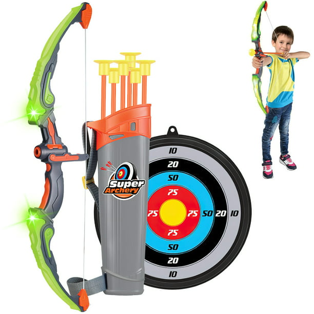 Arco y flecha para niños con luces de flash LED, arco de tiro con arco con  10 flechas de ventosa, 6 objetivos de espuma, carcaj y objetivo, regalos