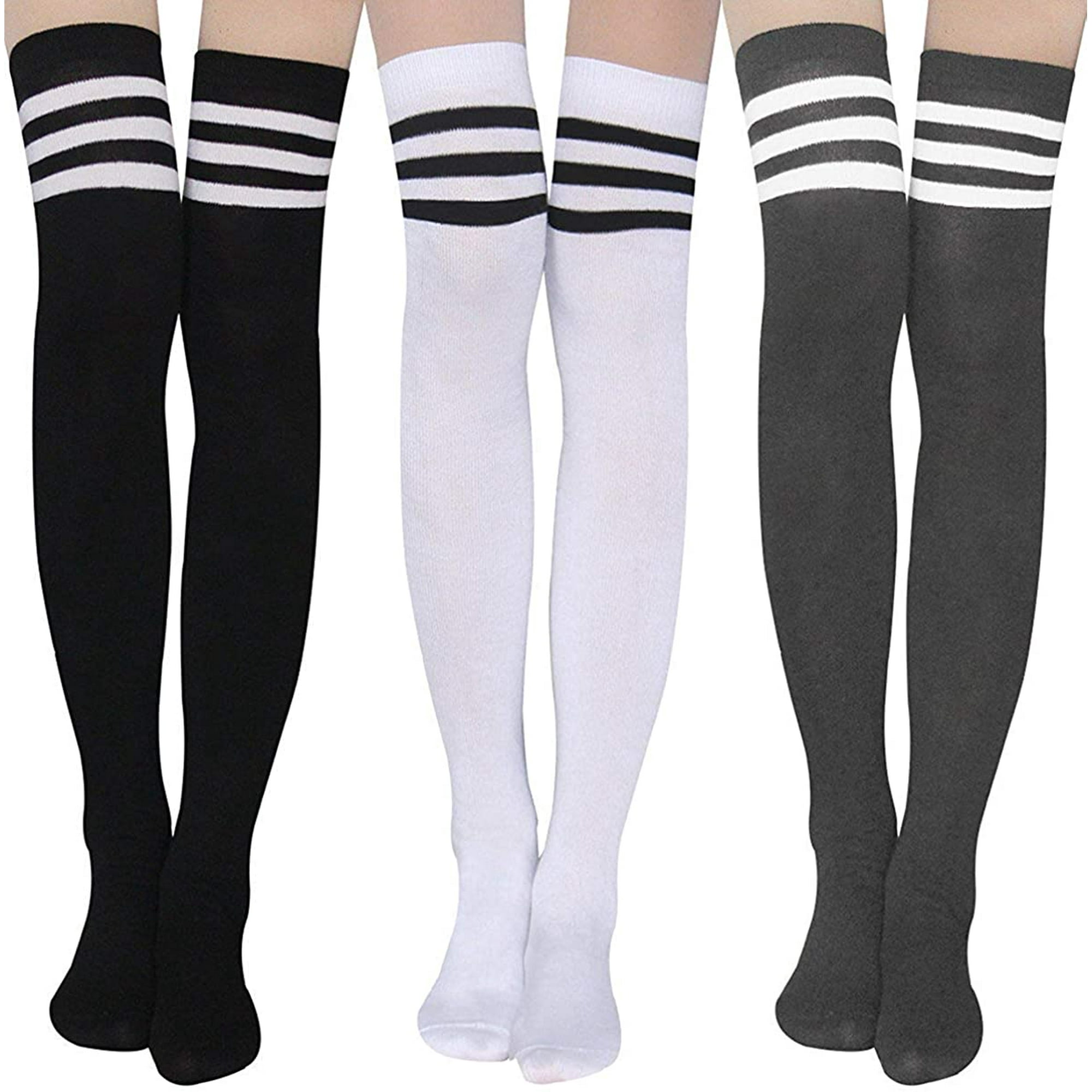 Ammiko Calcetines altos hasta el muslo para mujer, calcetines de algodón a  rayas por encima de la rodilla, calcetines largos hasta la rodilla, medias