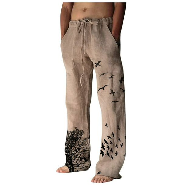 Pantalones de Lino Y Algodón Con Estampado de Pájaros Para Hombre  Pantalones de Yoga Informales Odeerbi ODB-6