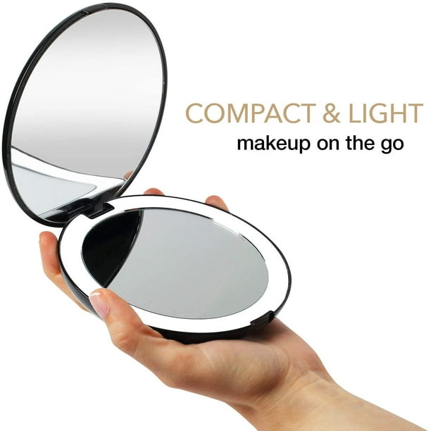 Espejo de bolsillo con luz LED, aumento de 1x/10x - Espejo de maquillaje de  mano grande con luz natural, 5 de diámetro, compacto y portátil para