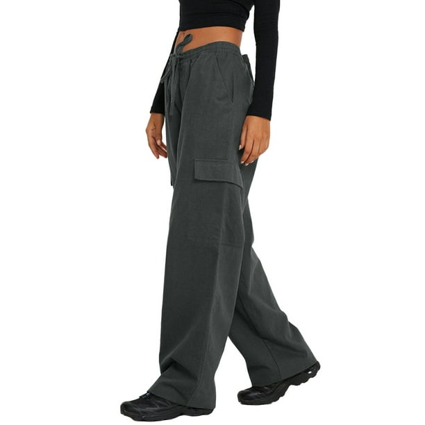 TRKIYQC Pantalones Cargo Sueltos para Mujer Color Sólido Casual Cordón  Elástico Joggers de Pierna Ancha Pantalones con Bolsillos TRKIYQC moda