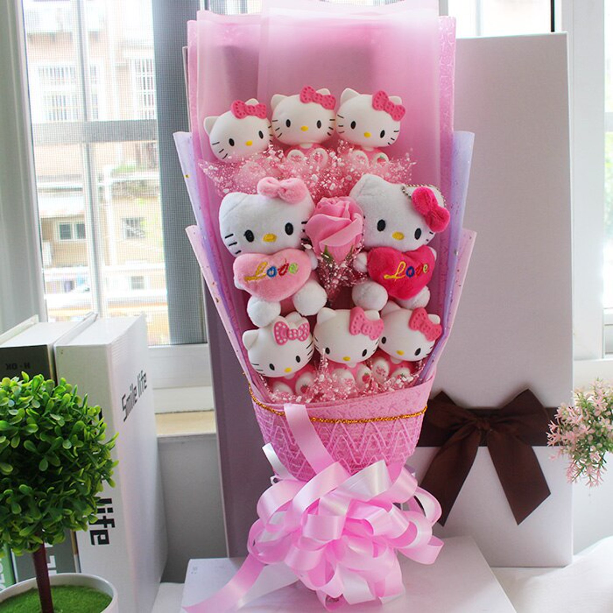 Juguetes de Hello kitty Rosa Kawaii con jabón, ramos de dibujos animados de  flores rosas, animales de peluche, muñeca para niña, regalos de Navidad  para niños