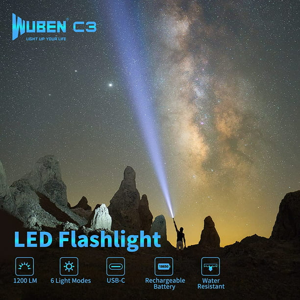  WUBEN Linterna recargable C3 de 1200 lúmenes altos súper  brillante, linternas tácticas LED, luz de flash EDC IP68 impermeable, 6  modos de luz para campamento, emergencia, al aire libre, rescate,  inspección 