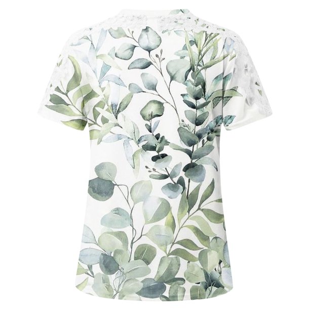 ICHUANYI Clearance Women Printing Round-Neck Lace Hollow Out Short Sleeve  Pullover Slimming Blouse T-shirt Tops(Green, XL) ICHUANYI WER2023081015948