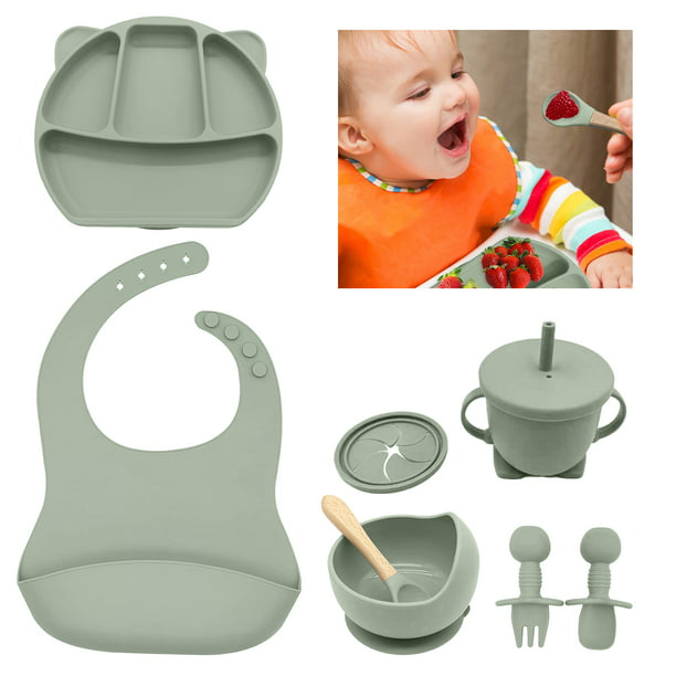 Juego De Vajilla Para Bebé Plato de alimentación de silicona suave para bebé,  plato con ventosa, cuenco, baberos, cuchara, tenedor (Y5) Tmvgtek Libre de  BPA