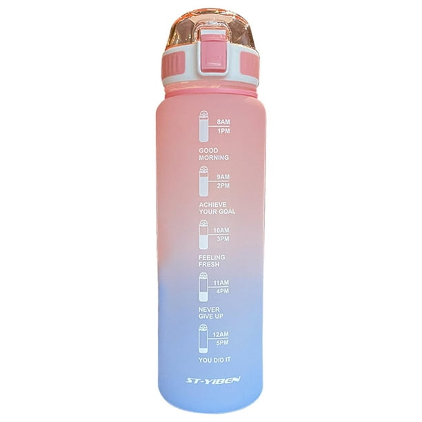  Botellas de agua, botella de agua transparente de 1 litro con  marcas de tiempo de pajita, mármol azul y rosa, botella de agua para  gimnasio, para adultos, estudiantes, trabajo, a prueba