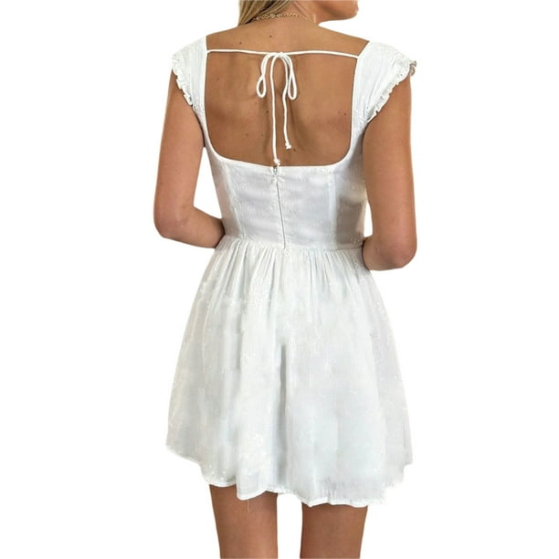 Vestido de verano para mujer, lazo fruncido blanco, Mini vestidos