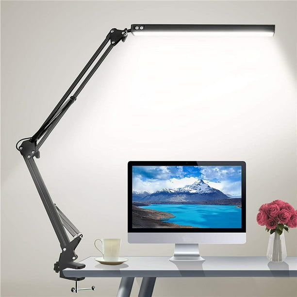 Lupa 5X con luz LED, 10 niveles de brillo, 3 colores, lámpara de escritorio  de banco de trabajo, luz de lectura LED con clip y brazo flexible, lupa