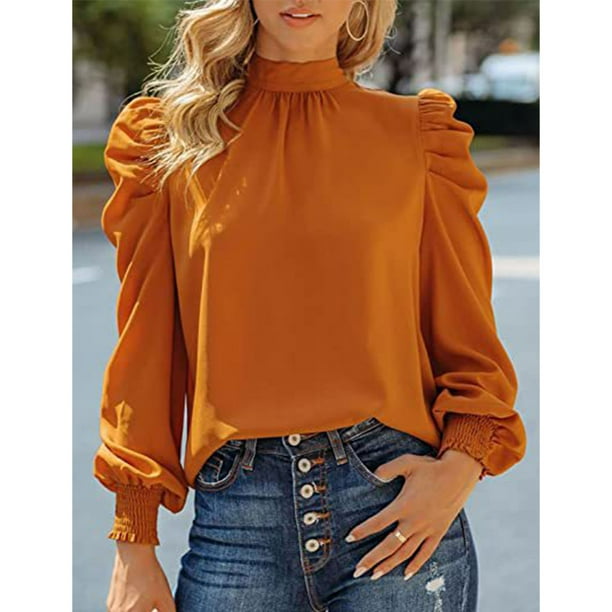  Camisas de lino para mujer, blusa moderna de color liso,  casual, cuello en V, botón de manga larga, tallas grandes, blusas  elegantes, Naranja, XL : Ropa, Zapatos y Joyería