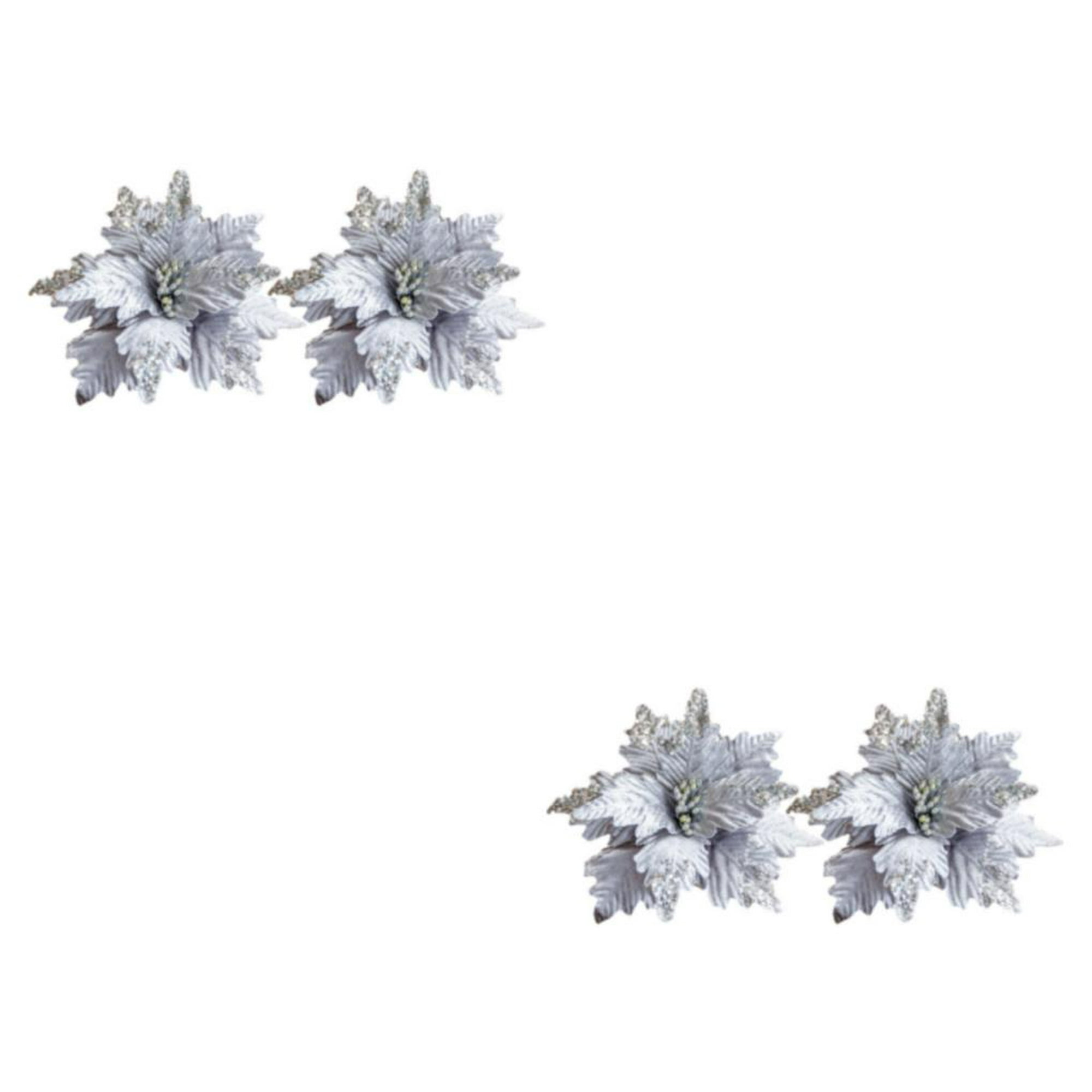 Yuarrent 2 uds. de flores artificiales de nochebuena con purpurina de 25cm para fiesta plata 2conjunto