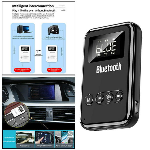 3 en 1 Bluetooth 5.0 Adaptador Receptor Transmisor FM Radio TF U-Disk  Player con micrófono 3.5mm AUX RCA para PC TV Coche - Negro