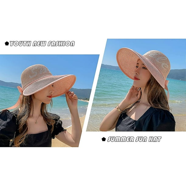 Sombrero de sol para mujer, sombrero de ala ancha de paja plegable,  sombreros de verano para playa, sombreros con lazo de protección UV  YONGSHENG 8390611094980
