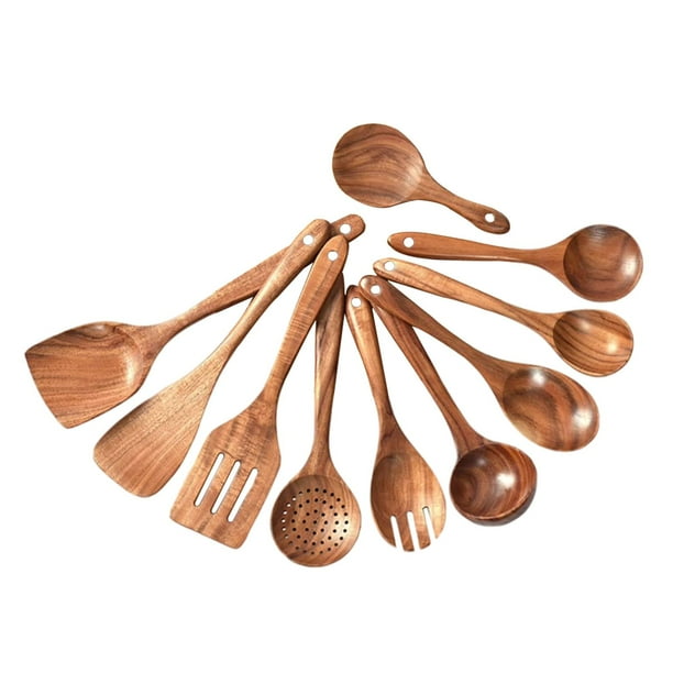 Cucharas de madera para cocinar, juego de 10 utensilios de cocina de madera  de teca, utensilios de cocina de madera para sartenes antiadherentes y