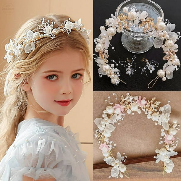  Casoty Diadema para niña de las flores, accesorio para el  cabello de niña de flores, corona de flores para niñas, diadema de perlas  para niñas, accesorios para el cabello de perlas