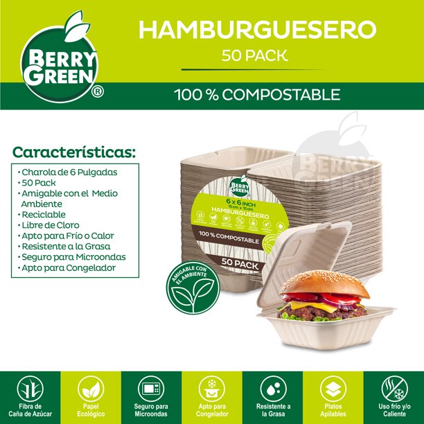 50 Platos Hamburgueseros Ecologicos 15.2 cm / 6 x 6 Pulgadas Berry Green  CAJ6N