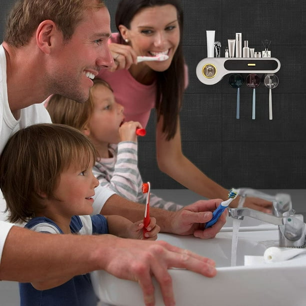 Soporte para cepillos de dientes montado en la pared, 4 soportes para  cepillos de dientes, con 4 tazas y dispensador para baño