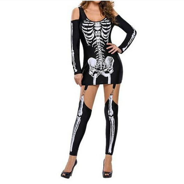 Mono de disfraz de esqueleto de Halloween con estampado de huesos de  esqueleto para mujer (negro, L) JAMW Sencillez