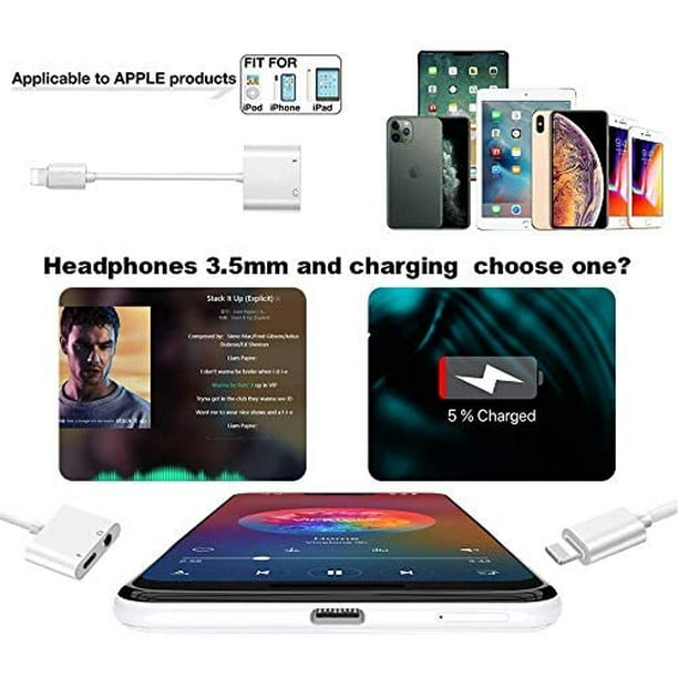 Adaptador De Audio 2En1 Cable De Carga Para Auriculares iPhone 11 12 Pro  Max XR
