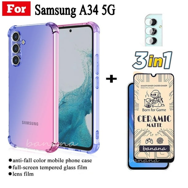 3 En 1 Funda De Teléfono Para Samsung A34 A54 A14 5G A13 A Prueba De Caídas  De Cuatro Esquinas + Película De Vidrio Templado Trasera De Fibra De