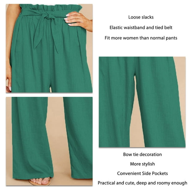  Pantalones fluidos para mujer, cintura alta, con lazo
