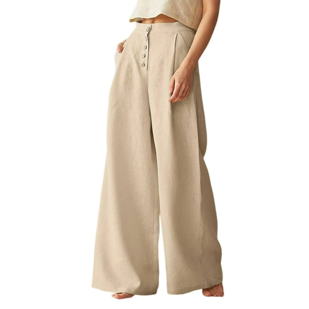 Pantalones Anchos Pantalones de pierna ancha para mujer Pantalones casuales  de cintura alta de algodón con bolsillos (Caqui XL) Ygjytge para Mujer  Caqui T XL