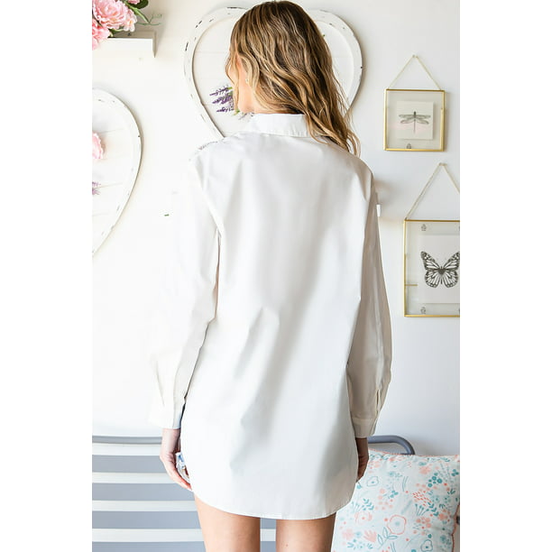 ABPHQTO Camisa blanca de manga larga con bolsillo liso para mujer ABPHQTO