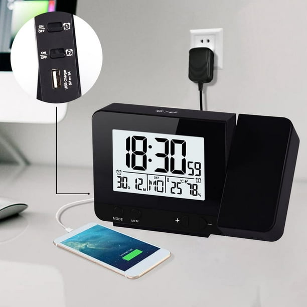 Reloj despertador digital de proyección para dormitorios, reloj despertador  grande con proyección en el techo con puerto USB, respaldo de batería,  proyector 180, pantalla LED [hy