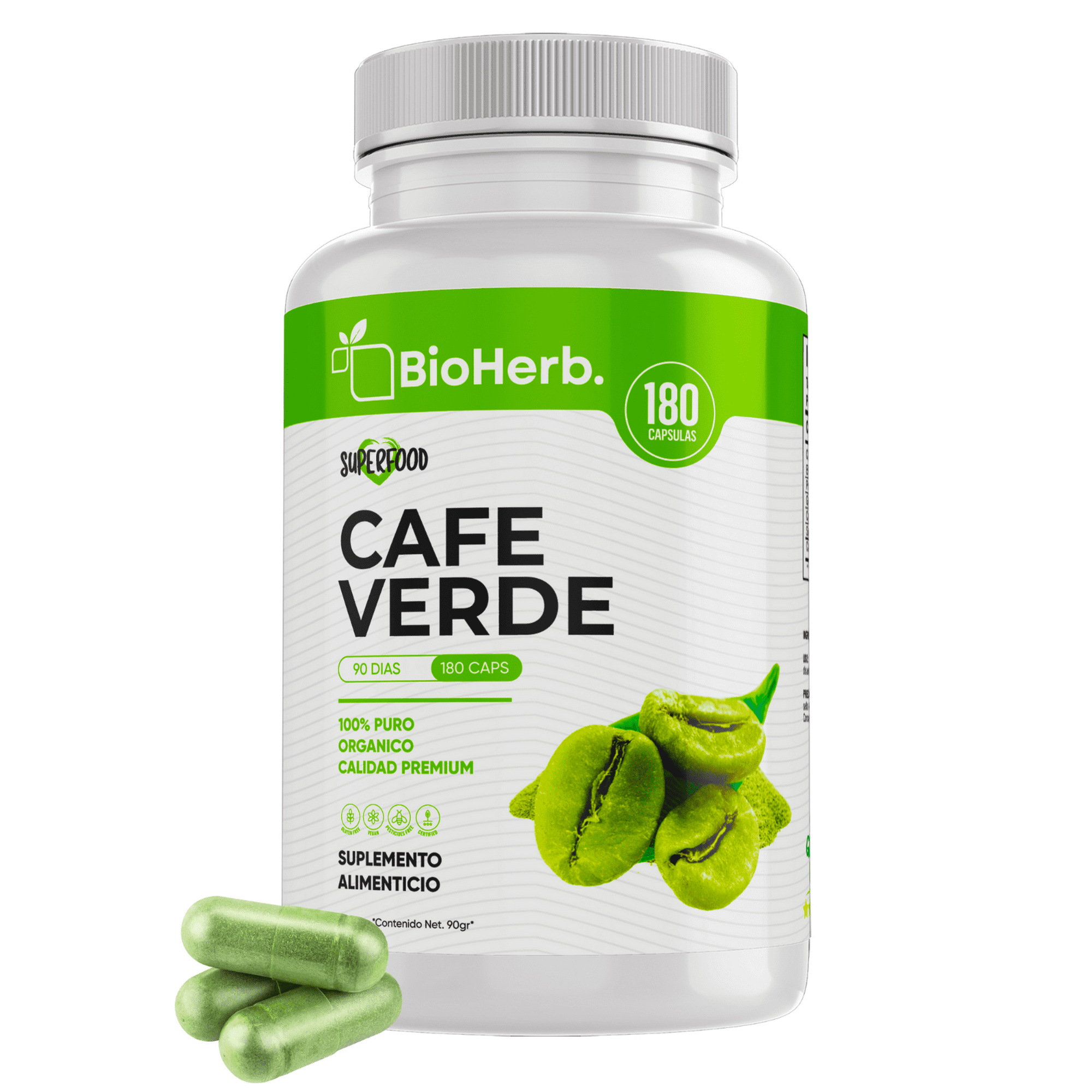 Cafe Verde 100 Puro (180 Capsulas 500mg) ORGANICO NATURAL Para 90