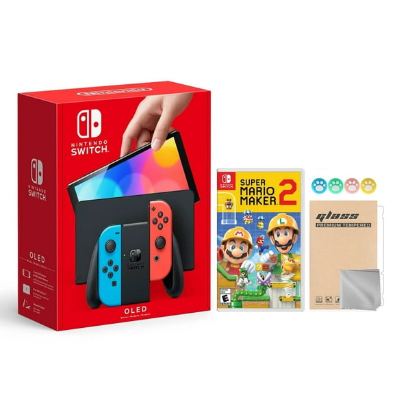 2021 new nintendo switch oled model neon red  blue joy con 64gb console hd screen  lanport dock with super mario maker 2 and mytrix joystick caps  screen protector nintendo hegskabaa