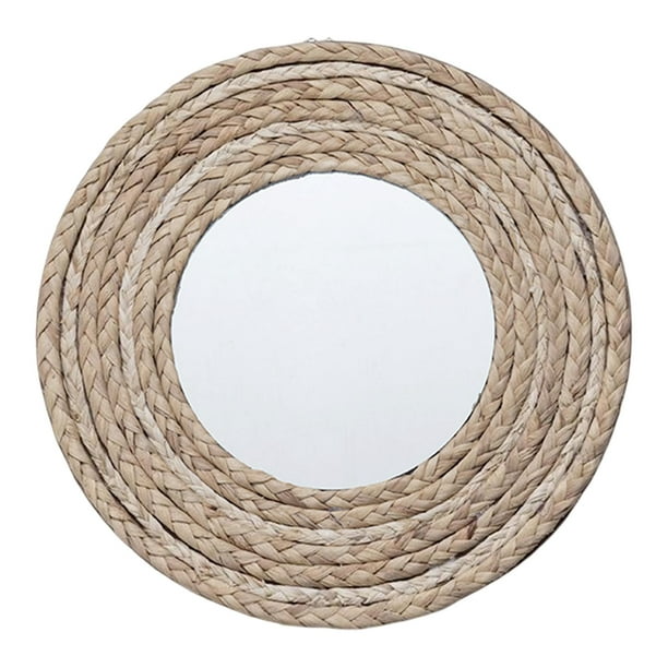 Crochet_N Espejo redondo de madera con aspecto de cuerda vintage