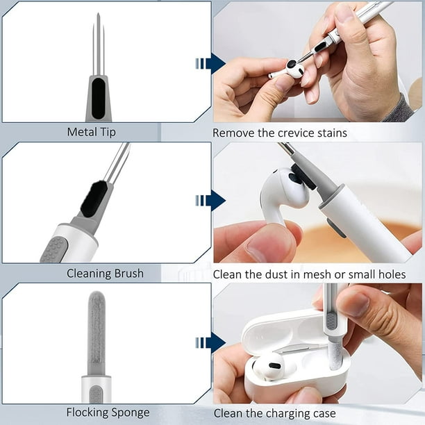 Kit de limpieza de auriculares, pluma de limpieza 3 en 1, kit de limpieza  multifunción con esponja flocada de cepillo suave, kit de limpieza para  Airpods Pro 1 2 3, iPhone Chargin
