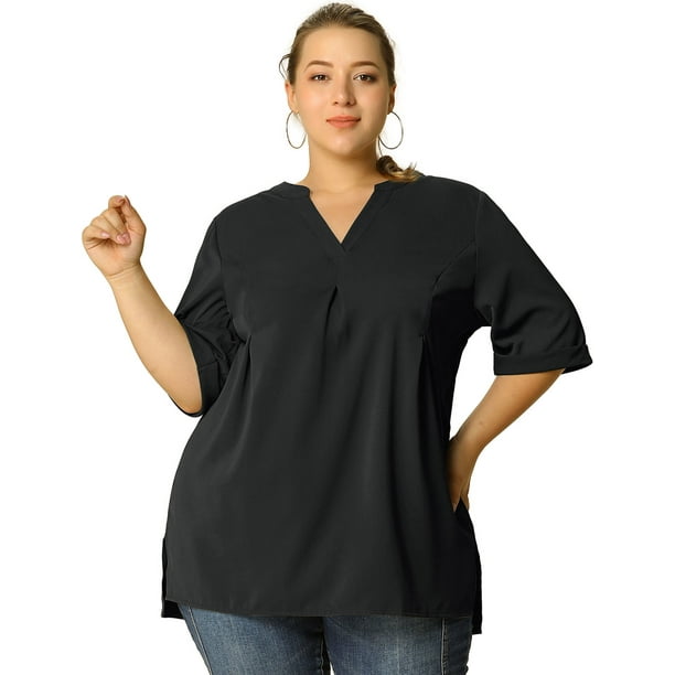 Blusa Talla Grande Dobladillo Cuello V Manga Corta T nica Casual Para Mujer Negro 3X Unique Bargains Blusa